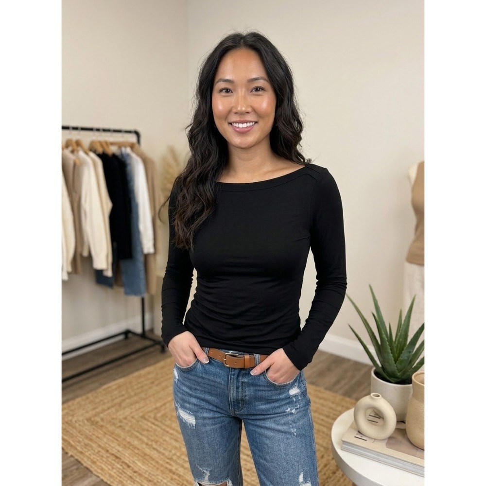 Boat Neck Long Sleeve Gap Black Rayon Knit Top Size S Small